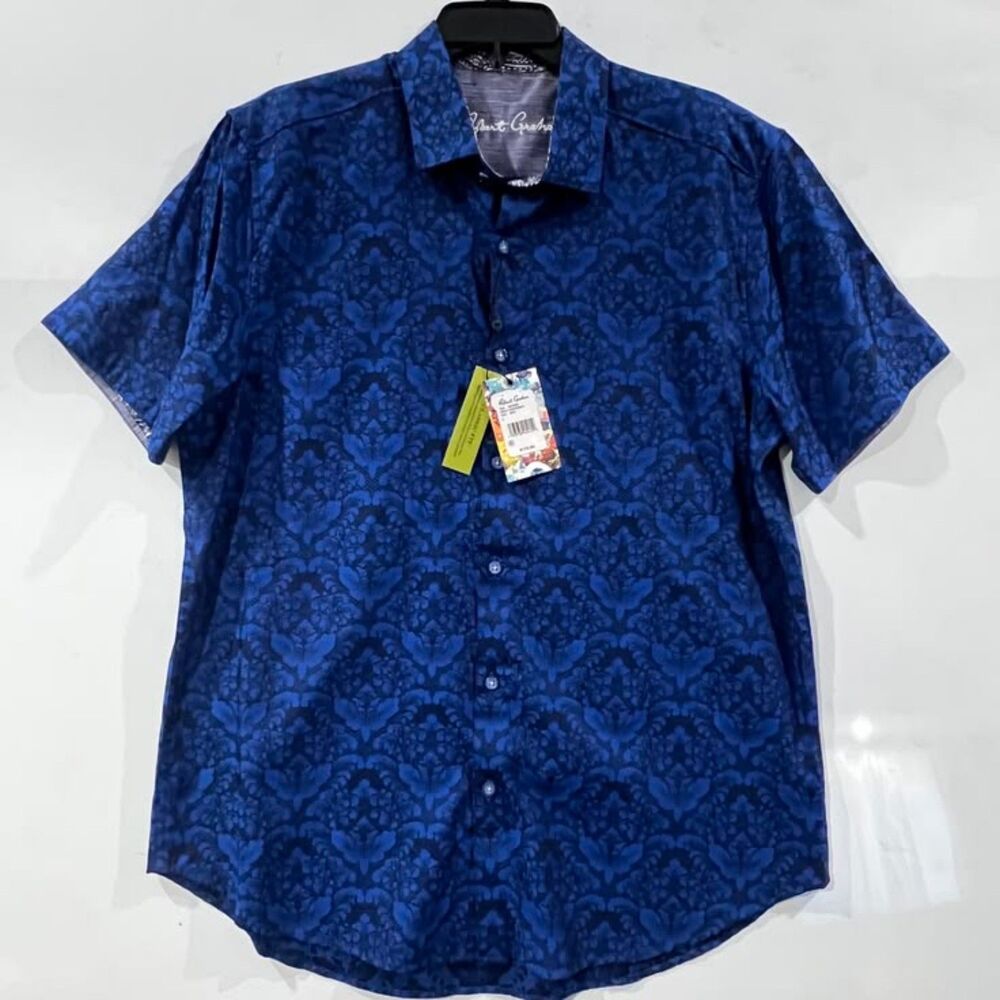 NWT Robert Graham Bayview Short Sleeve Button-Down Navy Blue Damask Shirt Large